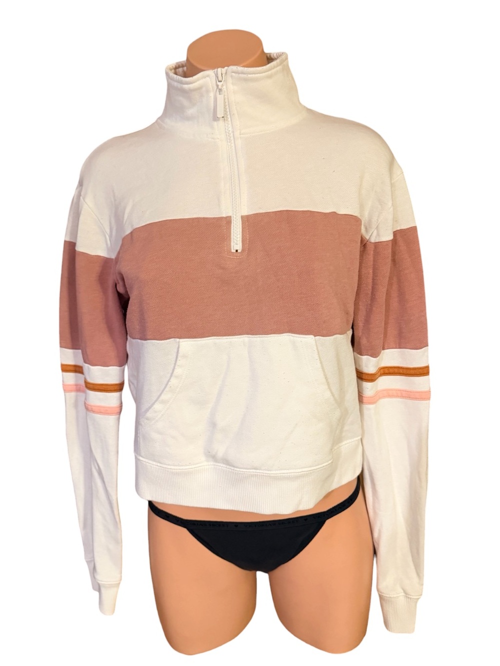 Aero Womens Small Colorblock Half Zip Cropped Sweatshirt Mauve White